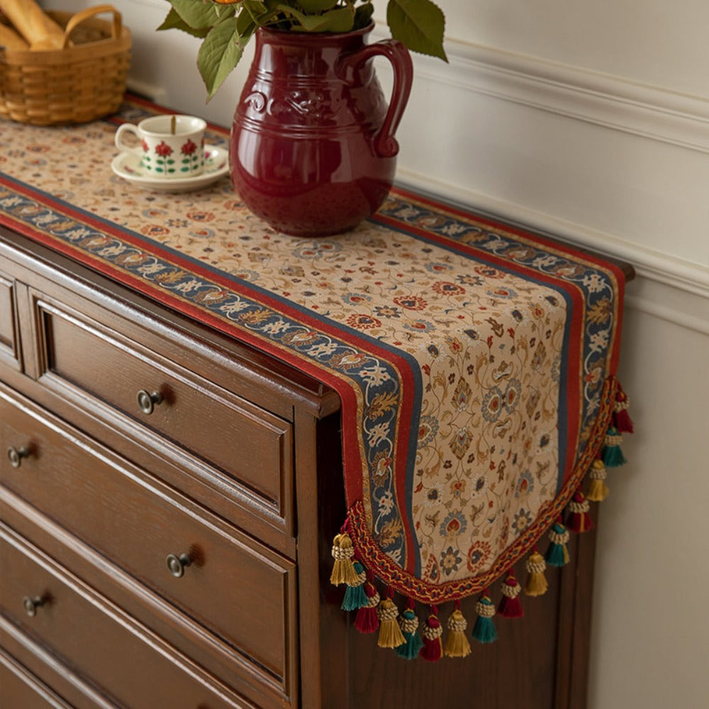 Boho Table Runner with Tassels | American Retro Style for Dining Table, Tea Table & TV Cabinet
