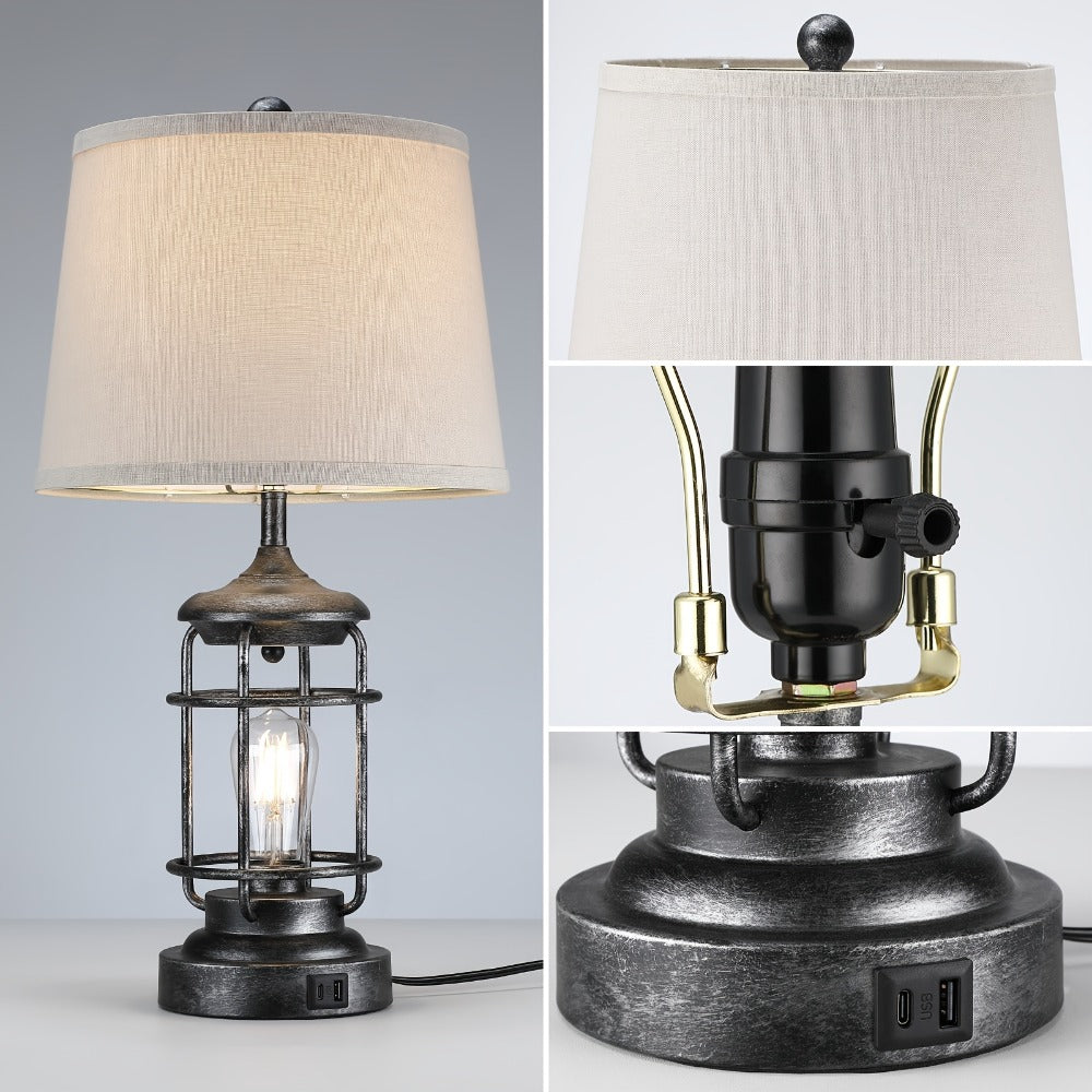 Farmhouse Table Lamps Set of 2 with 4 LED Bulbs | Touch Control 3-Way Dimmable Nightstand Lamp Dual USB Ports Natural Linen Shade Metal Black 22 Inch Bedroom Living Room