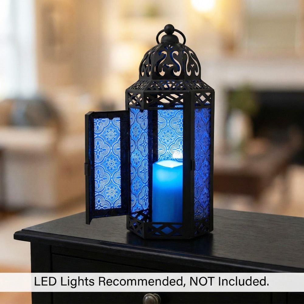 Moroccan Candle Lantern Holder - Decorative Metal & Glass Lantern with Embossed Floral Design for Indoor Home Decor, Garden, Patio, Weddings, Ramadan, Halloween & Holiday Celebrations - 10.5¡± Tall Medium Size