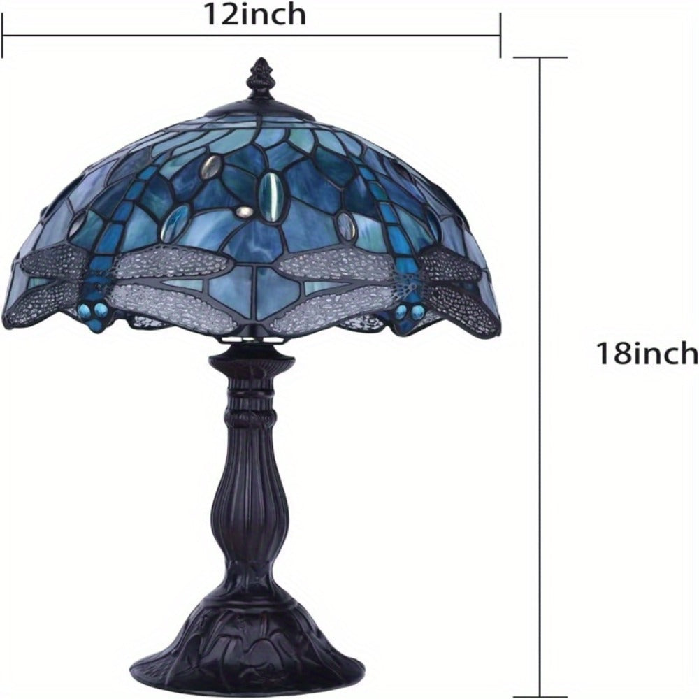 Stained Glass Table Lamp Dragonfly Design - Tiffany Style Bedside Lamp with Colorful Art Glass Shade, 18-Inch LED Night Light for Bedroom Nightstand Living Room Reading Desk Home Decor