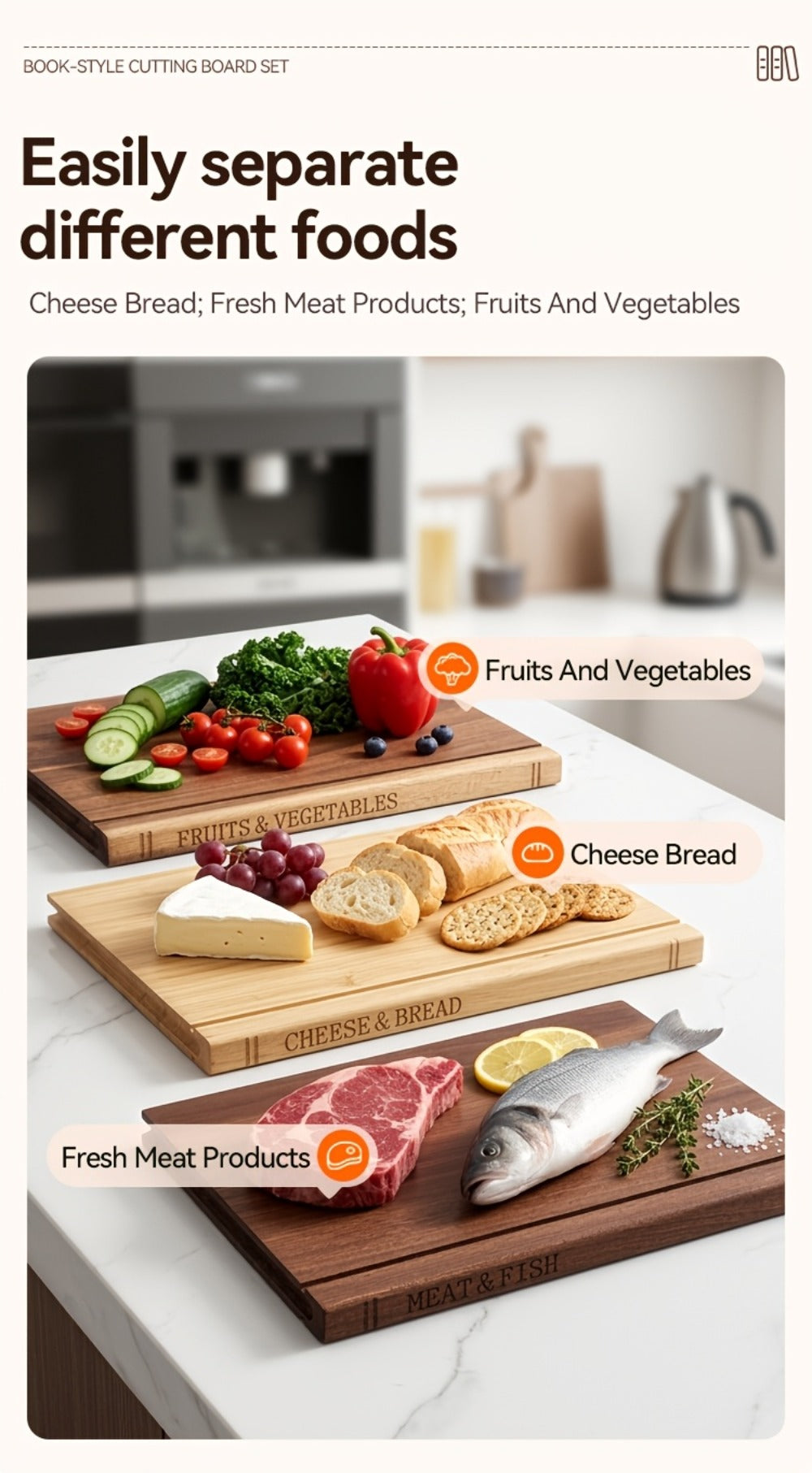 Acacia Wood Cutting Board Set 3 Piece with Stand Book Shaped Decorative Chopping Board for Vegetables Cheese Bread Meat Kitchen Gift Set