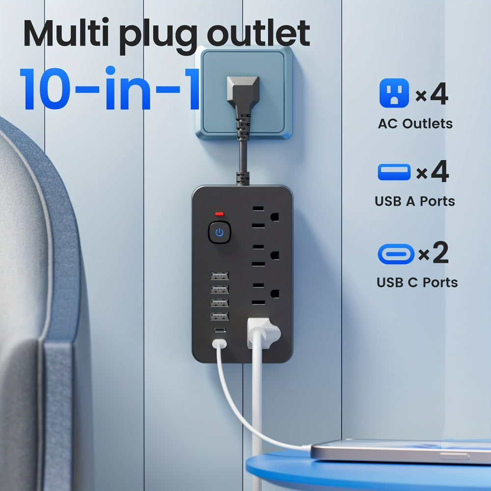Outlet Extender Power Strip Wall Mountable 14-in-1 10-in-1 with 8 AC Outlets 6 USB Ports 2 USB-C One-Touch Control Switch Overload Protection Short Cord Design for Home Office School Den White Black