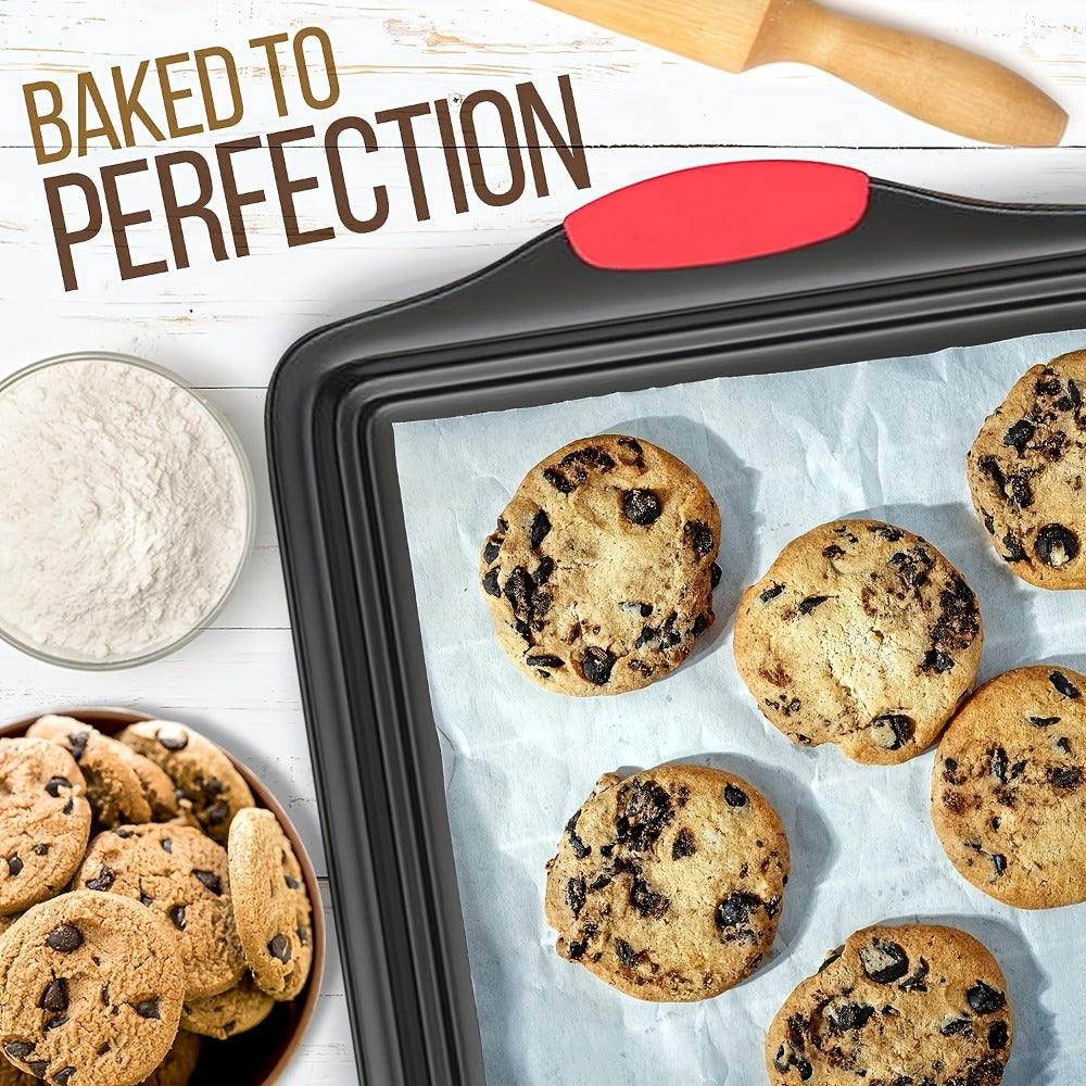 Carbon Steel Nonstick Baking Pan Set 3 or 9pcs Commercial Grade Restaurant Quality Nonstick Inside and Outside Oven Baking Pan with Red Silicone Handle Gray