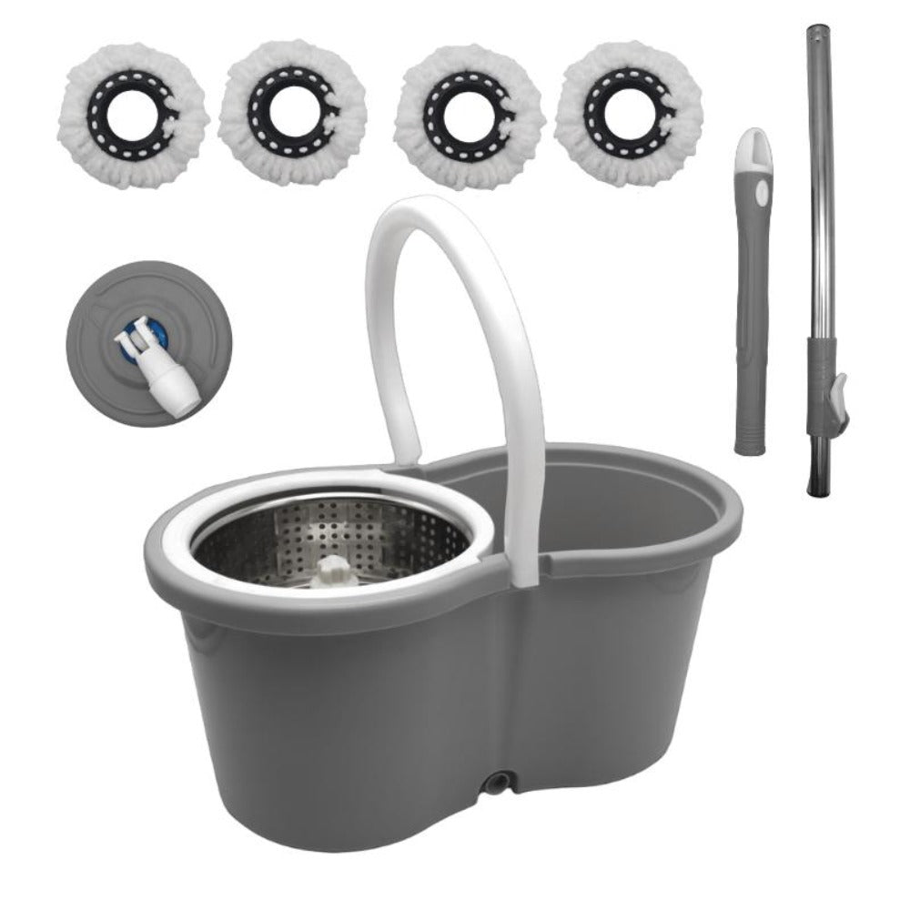 360 Spin Mop and Bucket Set with Wringer - Stainless Steel Extended Handle Spinning Mop Bucket System with Microfiber Mop Refills for Hardwood, Tile & Laminate Floor Cleaning, Black Blue Pink Red