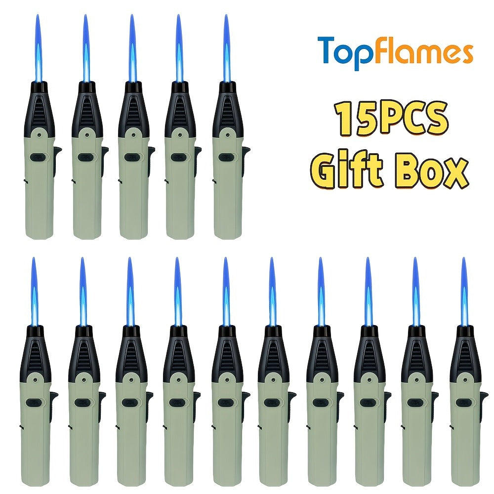 Torch Lighter Set Windproof Jet Flame with Safety Lock & Adjustable Flame - 10/15pcs Long Igniter for Candles, Grill, BBQ & Fireworks | Gift Box | 5 Colors