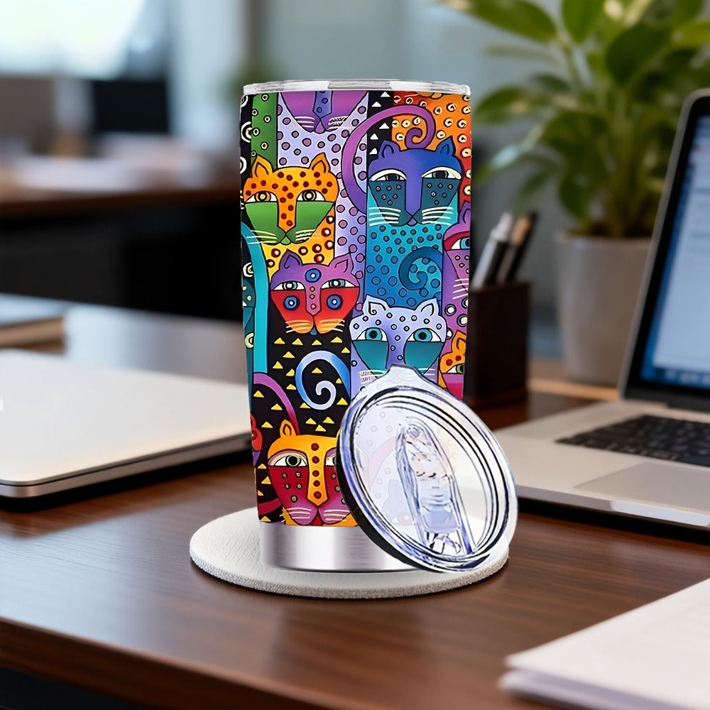 Cat Tumbler 20oz Abstract Cat Graphic Stainless Steel Insulated Cup with Lid & Straw Travel Coffee Mug Hot Cold Drinks Gift for Cat Lovers Birthday Mother's Day