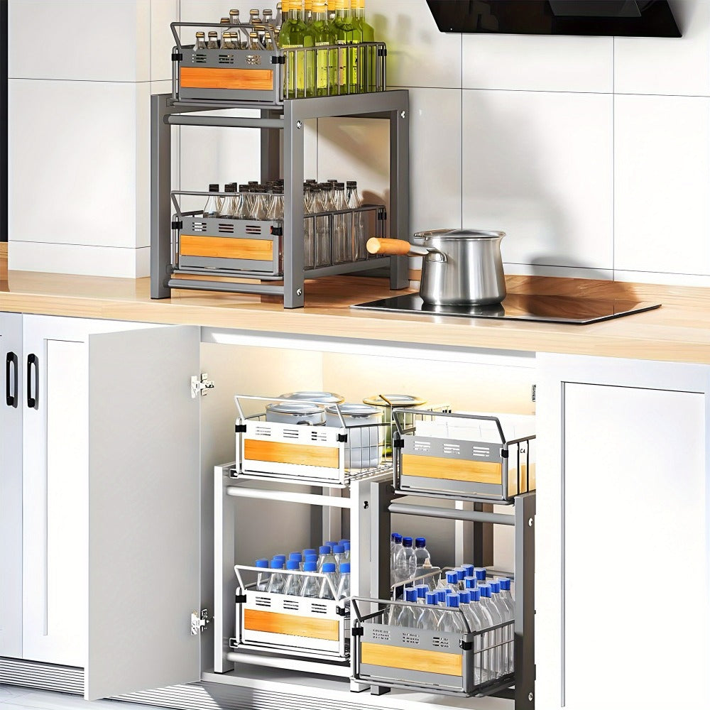 Under Sink Organizer Pull-Out Storage Rack - 2-Tier Carbon Steel Cabinet Shelf with Wire Baskets & Wood Accents, Space-Saving Kitchen Organizer for Dishes, Cleaning Supplies, Pantry, Bathroom