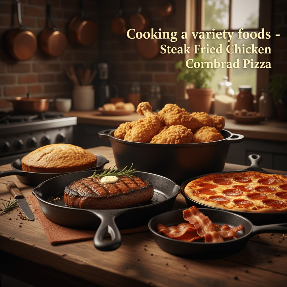 Cast Iron Cookware Set for Kitchen Camping BBQ - Non-Stick Skillet Dutch Pot Frying Pan Baking Tray Griddle Options, Oven Safe Stovetop Campfire Cookware for Home RV Holiday Cooking Multiple Set Choices