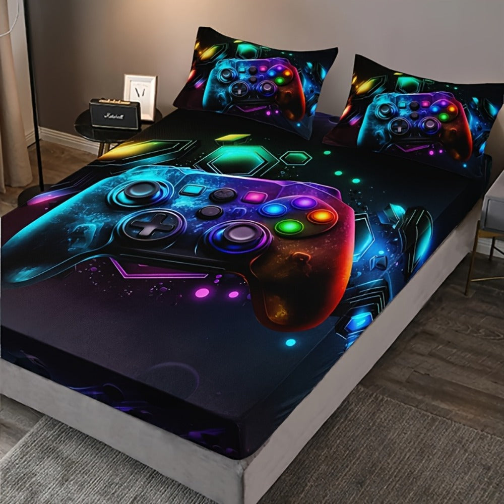 Gaming Bed Sheet Set 3pcs Fitted Sheet + 2 Pillowcases Gamepad Bedding Deep Pocket Machine Washable Boys Girls Dorm Room Decor Gift for Gamers (No Filling)