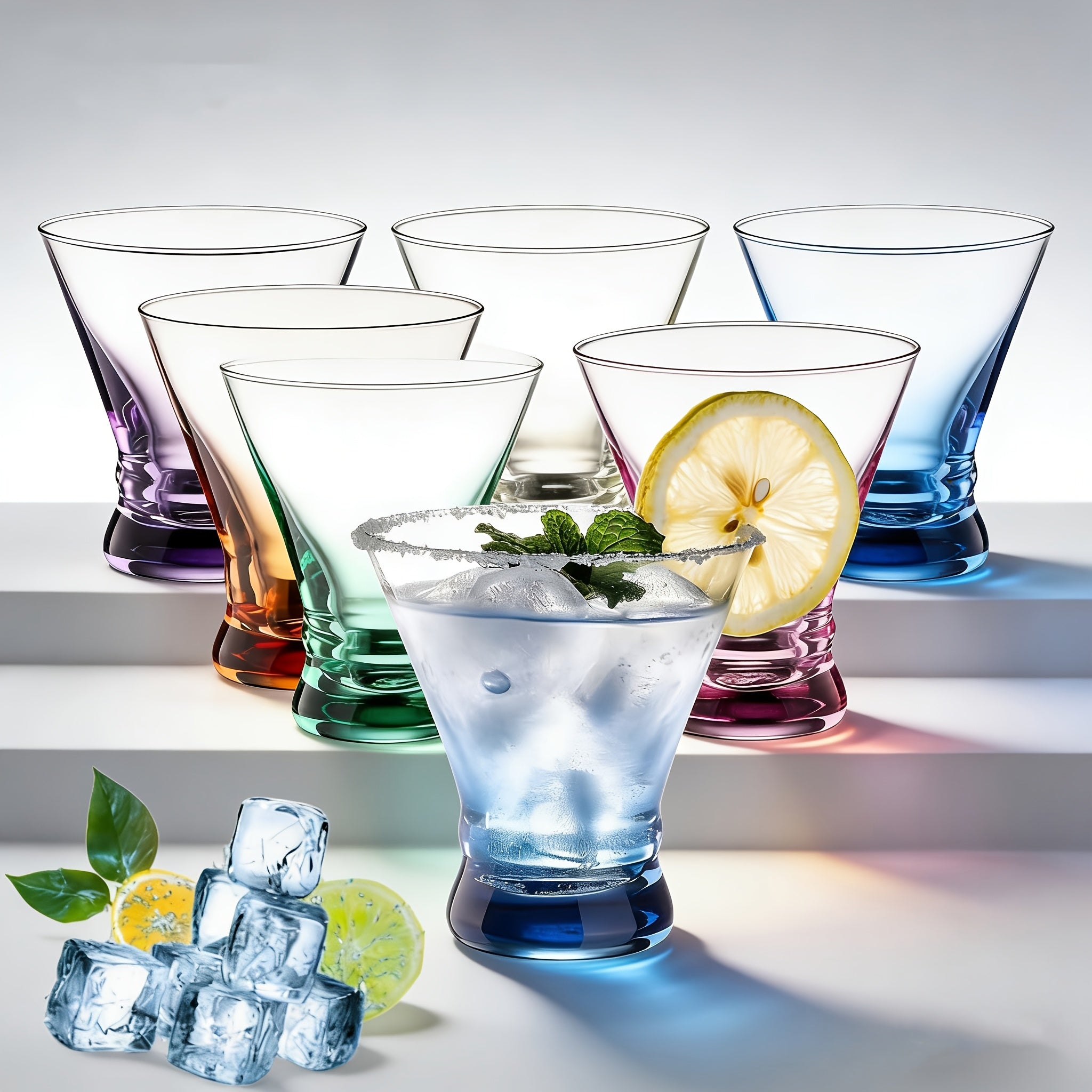 Stemless Martini Glasses Set of 6 ¨C 8oz Colored Cocktail Glasses, Margarita Bar Dessert Glassware with Gradient Color Base, Espresso Martini Manhattan Party Glasses, Gift for Her
