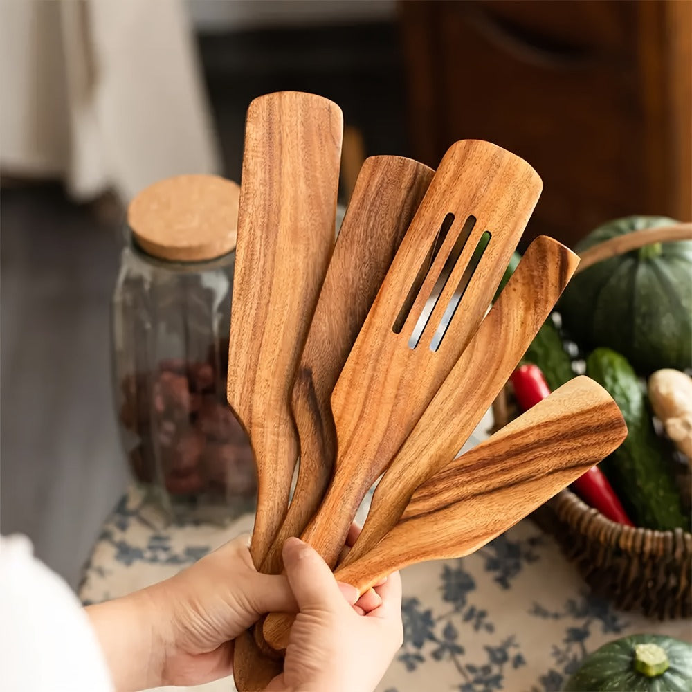 Wooden Kitchen Utensils Set 5pcs - Teak Spurtles Spatulas Spoons for Nonstick Cookware, Heat Resistant Non-Scratch Wood Cooking Tools