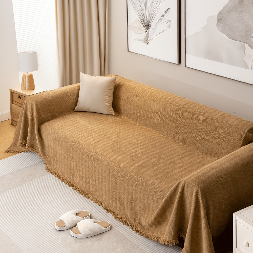 Couch Cover Throw Chenille Fringe Extra Large - Pet Friendly Scratch Proof Non-Slip Washable Polyester Sofa Protector | 3 Seat 71x102in 4 Seat 71x134in | Beige Gray Brown | Living Room Multipurpose