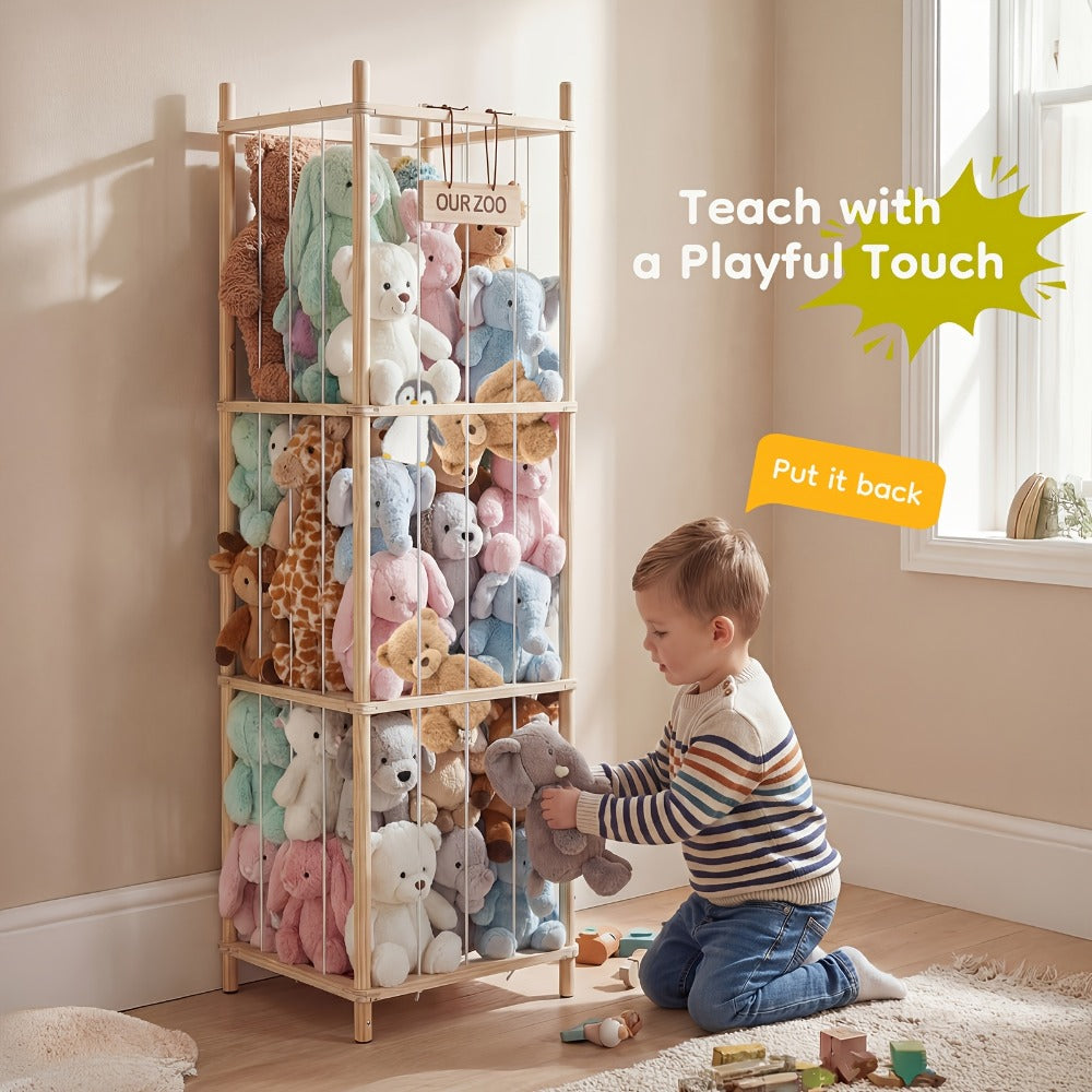 Wooden Stuffed Animal Storage Organizer for Kids Large Plush Toy Holder Zoo Space Saving Display Rack for Playroom Bedroom Nursery Natural White Pink