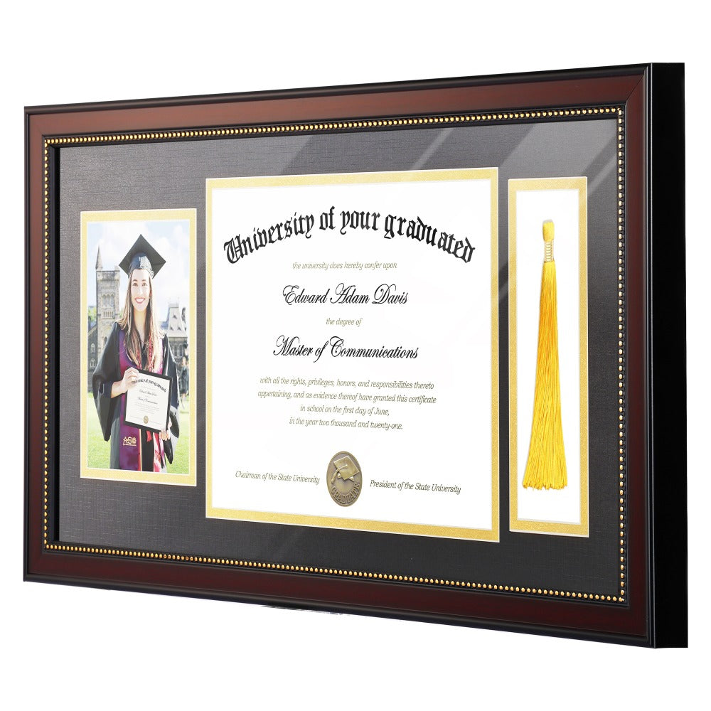 Diploma Frame 11x22 with Tassel Holder for 8.5x11 Certificate and 5x7 Photo, Mahogany Frame with Gold Beads, Black Mat over Gold, HD Glass, Graduation Gift
