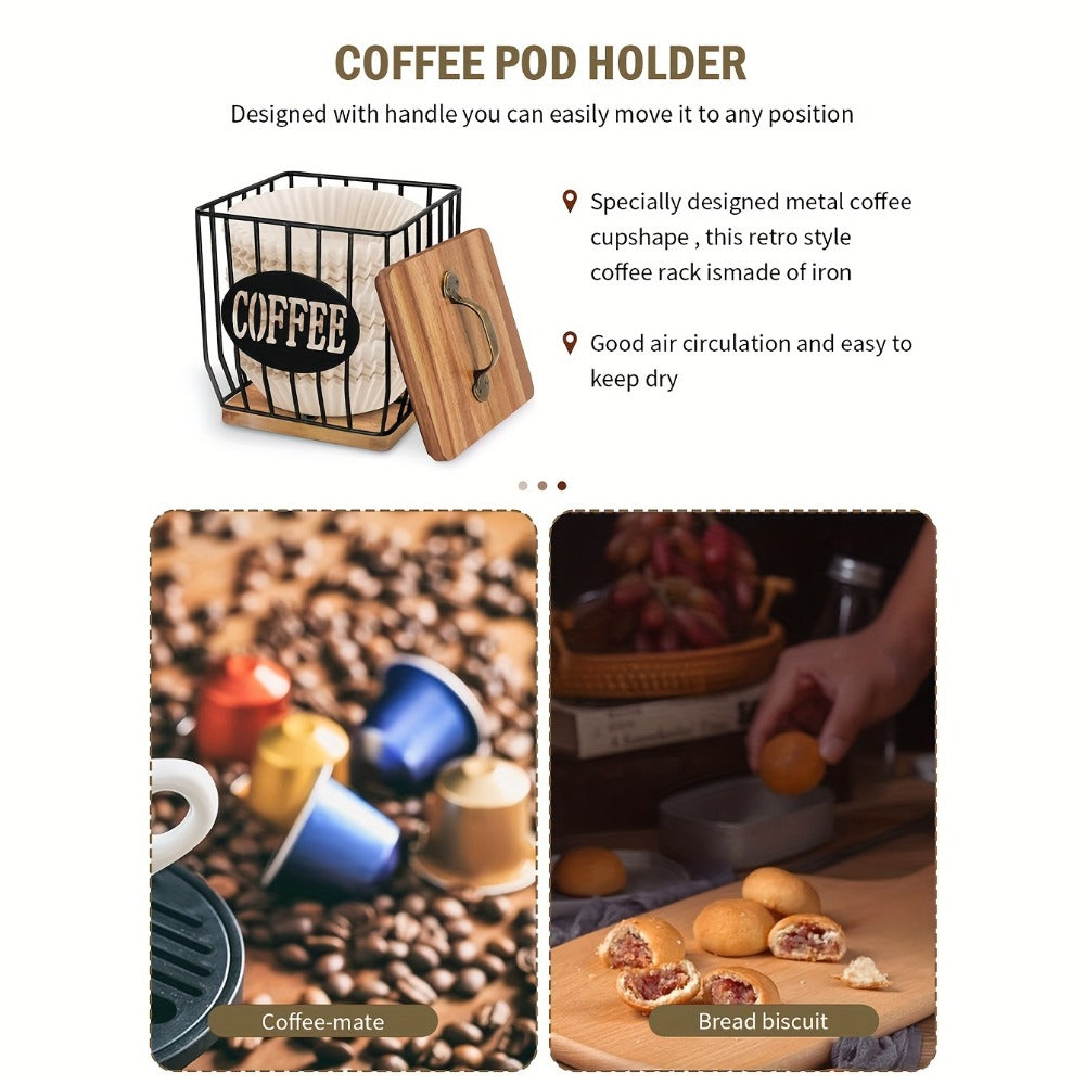 K-Cup Coffee Pod Holder Rack with Lid ¨C Large Capacity Black Metal Square Coffee Capsule Storage Organizer with Wooden Base, Modern Coffee Bar Countertop Decoration for Coffee Beans & Capsules ¨C Black