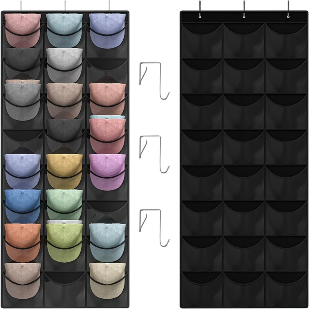 Over the Door Hat Organizer 24 Pocket - Baseball Cap Rack with Large Clear Pockets and 3 Hooks for Hat Storage Protection and Display in Closet