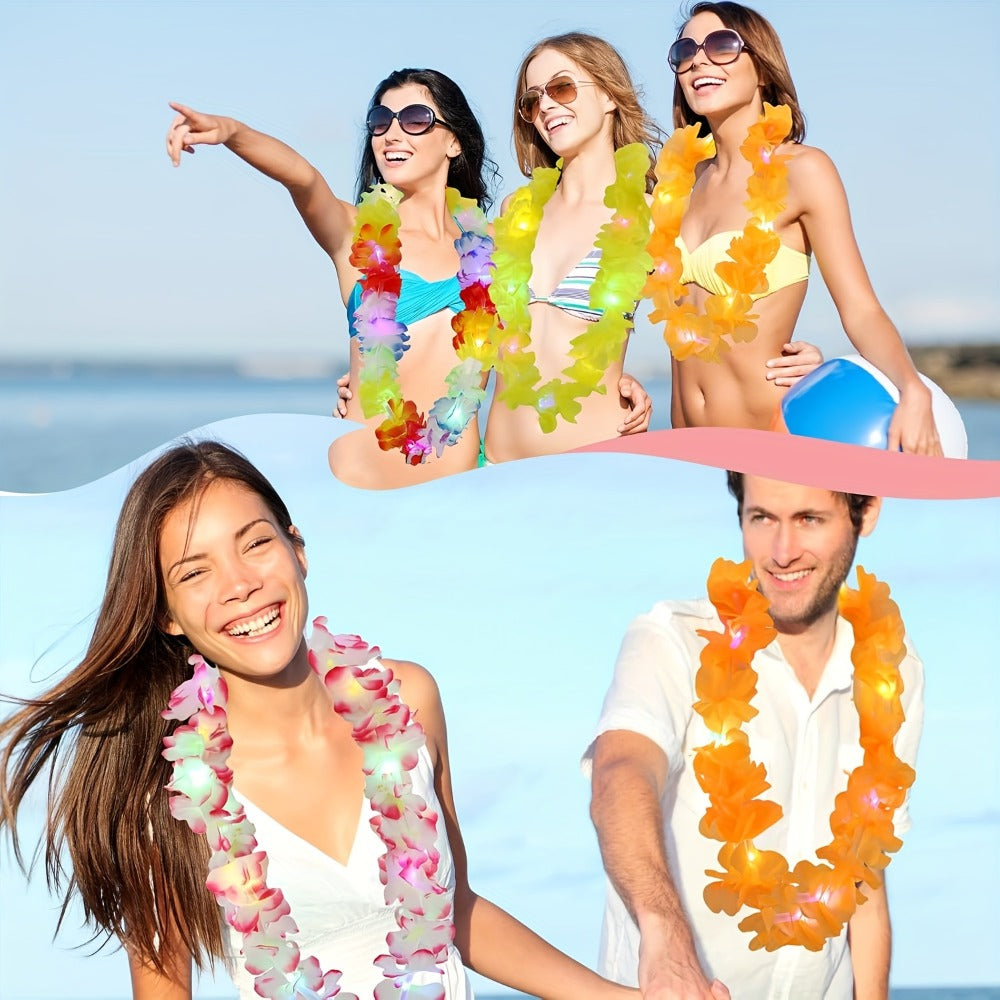 Light Up Hawaiian Lei Necklace 26pcs LED Flower Leis Glow Necklaces for Luau Party Beach Party Tropical Costume Accessories