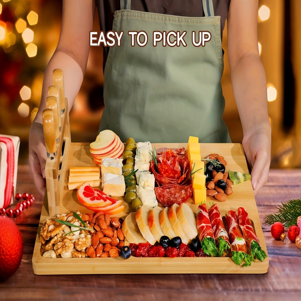Charcuterie Board Set with Knives Large Bamboo Cheese Board Meat Platter Appetizer Tray with 4 Stainless Steel Knives Perfect for Party Wedding Christmas Birthday Gift