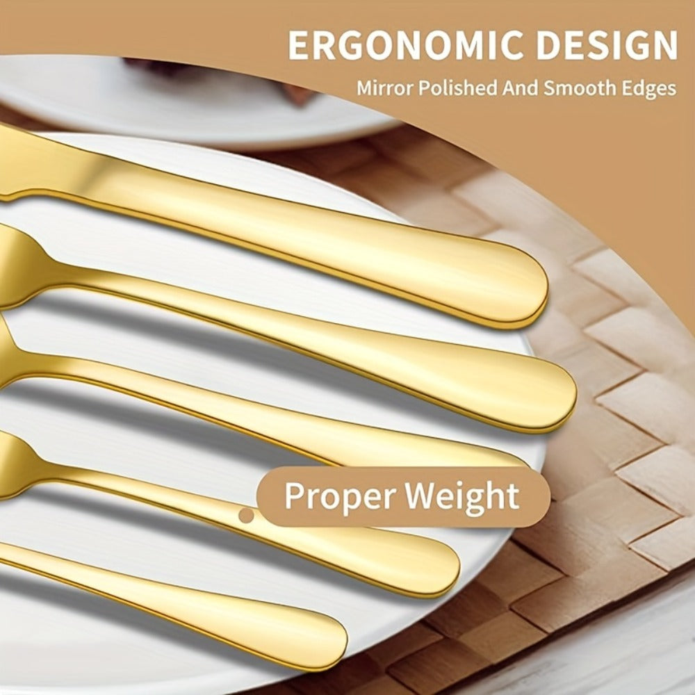 30pcs Golden Stainless Steel Flatware Set for 6 People Mirror Polish Knives Forks Spoons Silverware with Wooden Gift Box for Wedding Celebration Banquet Business Gift