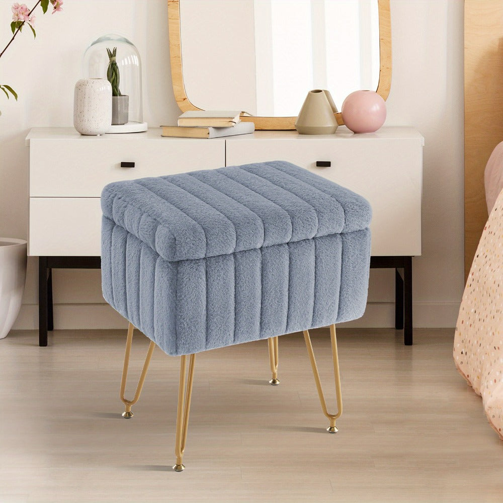 Faux Fur Storage Ottoman Stool ¨C Soft Furry Vanity Seat with Storage, 4 Metal Legs & Non-Slip Feet ¨C Cute Modern Multi-Function Chair for Bedroom, Vanity & Living Room