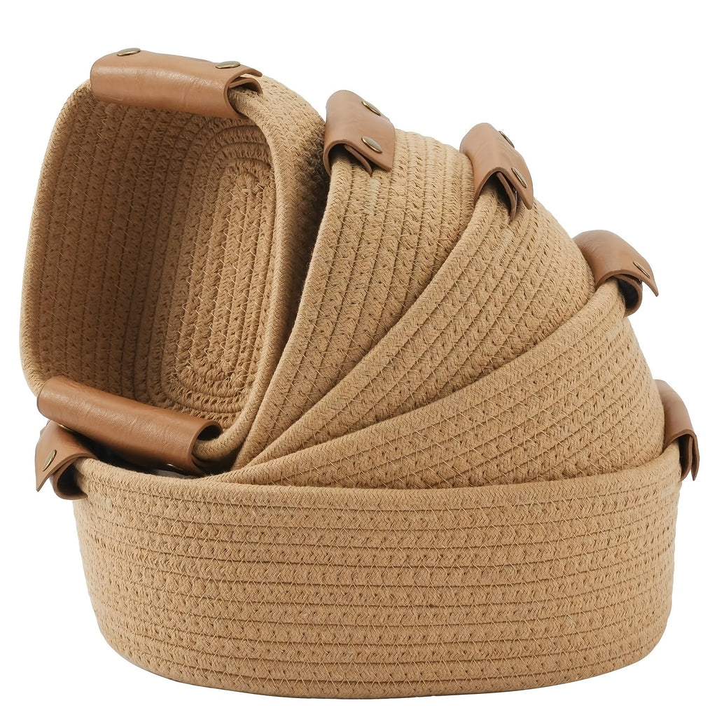Cotton Rope Storage Basket Set of 5 Woven Baskets with Leather Handles for Shelves Bathroom Bedroom Living Room Office Organizer Bins Boho Home Decor Natural Brown White Black