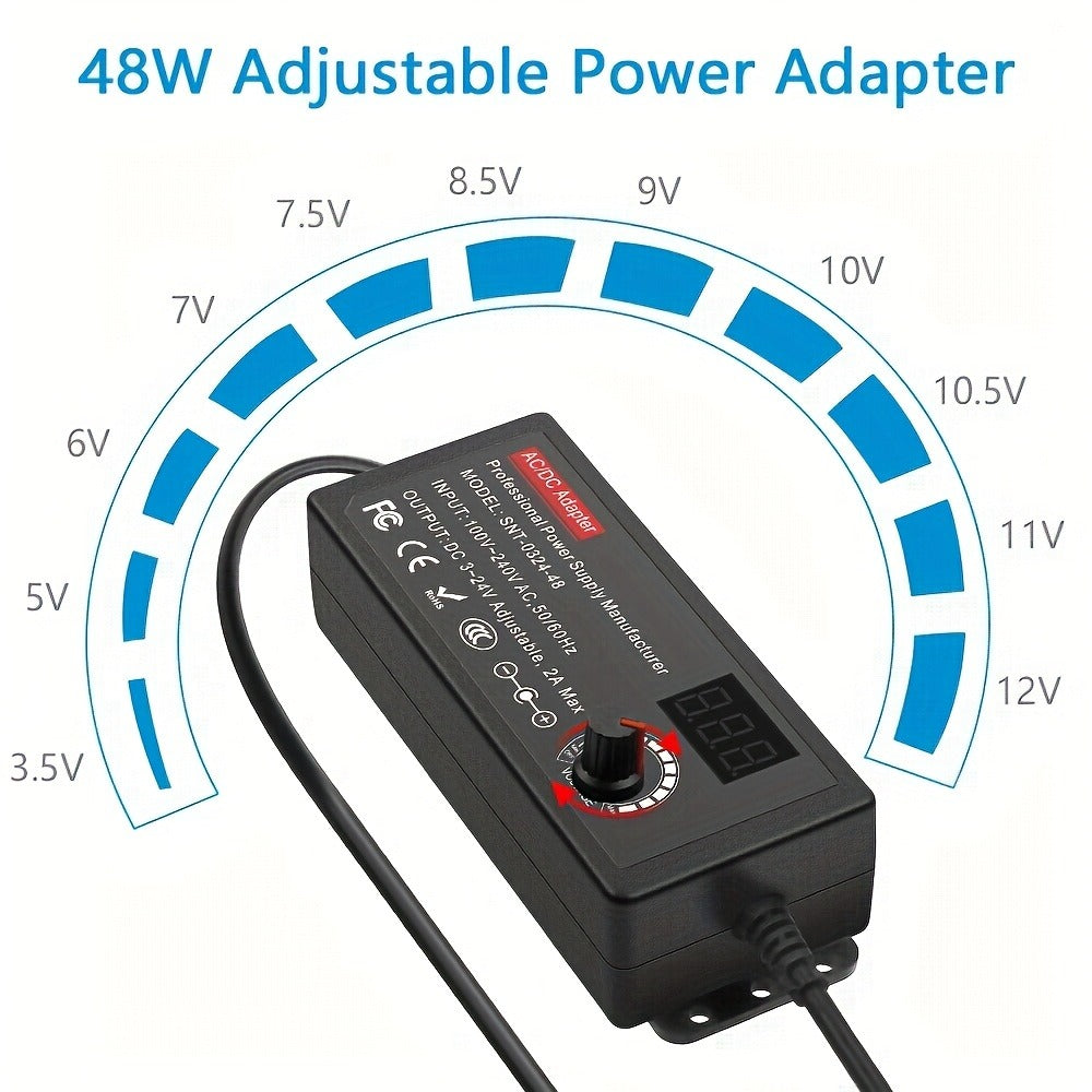 AC to DC Power Adapter 48W Adjustable 4-24V - LCD Voltage Display, Knob Control, 15 Interchangeable Tips & Polarity Converter, Overvoltage & Short Circuit Protection, 100-240V Universal Input