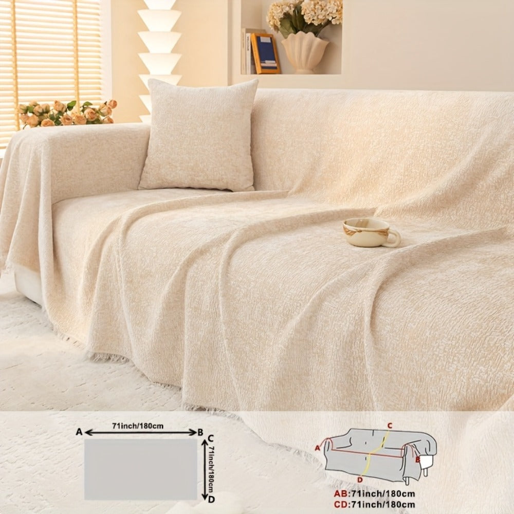 Chenille Sofa Cover with Fringe 300GSM - Super Soft Pet Friendly Solid Couch Slipcover for Single 2 4 Seater Living Room Decoration, 4 Colors