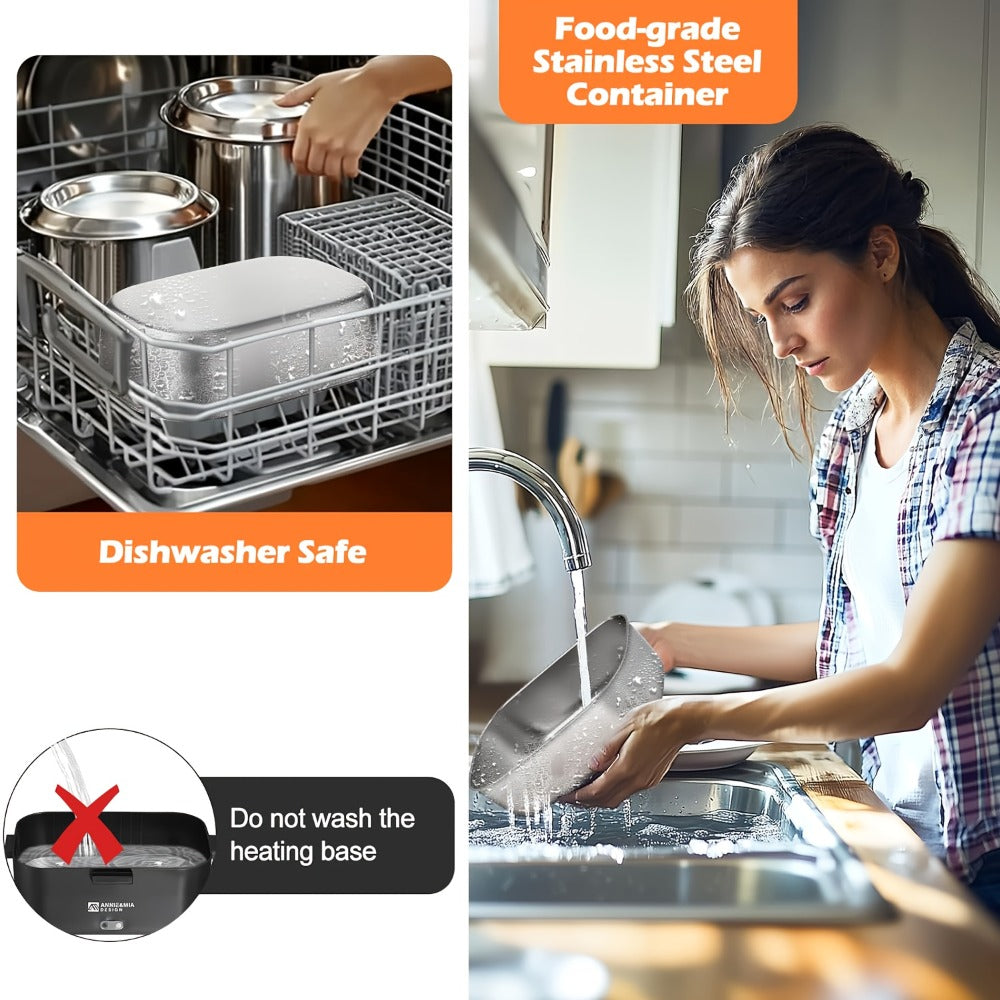 Electric Lunch Box Portable Food Warmer 60oz ¨C 110V Home & 12V/24V Car Heated Meal Container, Stainless Steel, Leak-Proof with Insulated Bag & Fork for Office, Truck, Travel & Camping