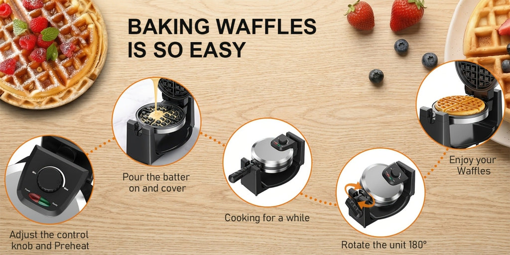 Belgian Waffle Maker 180¡ã Rotating Flip Waffle Iron, Non-Stick Plates, Adjustable Browning Control, Removable Drip Tray, Cool Touch Handle, Stainless Steel, Space-Saving Foldable Design ¨C Single & Double