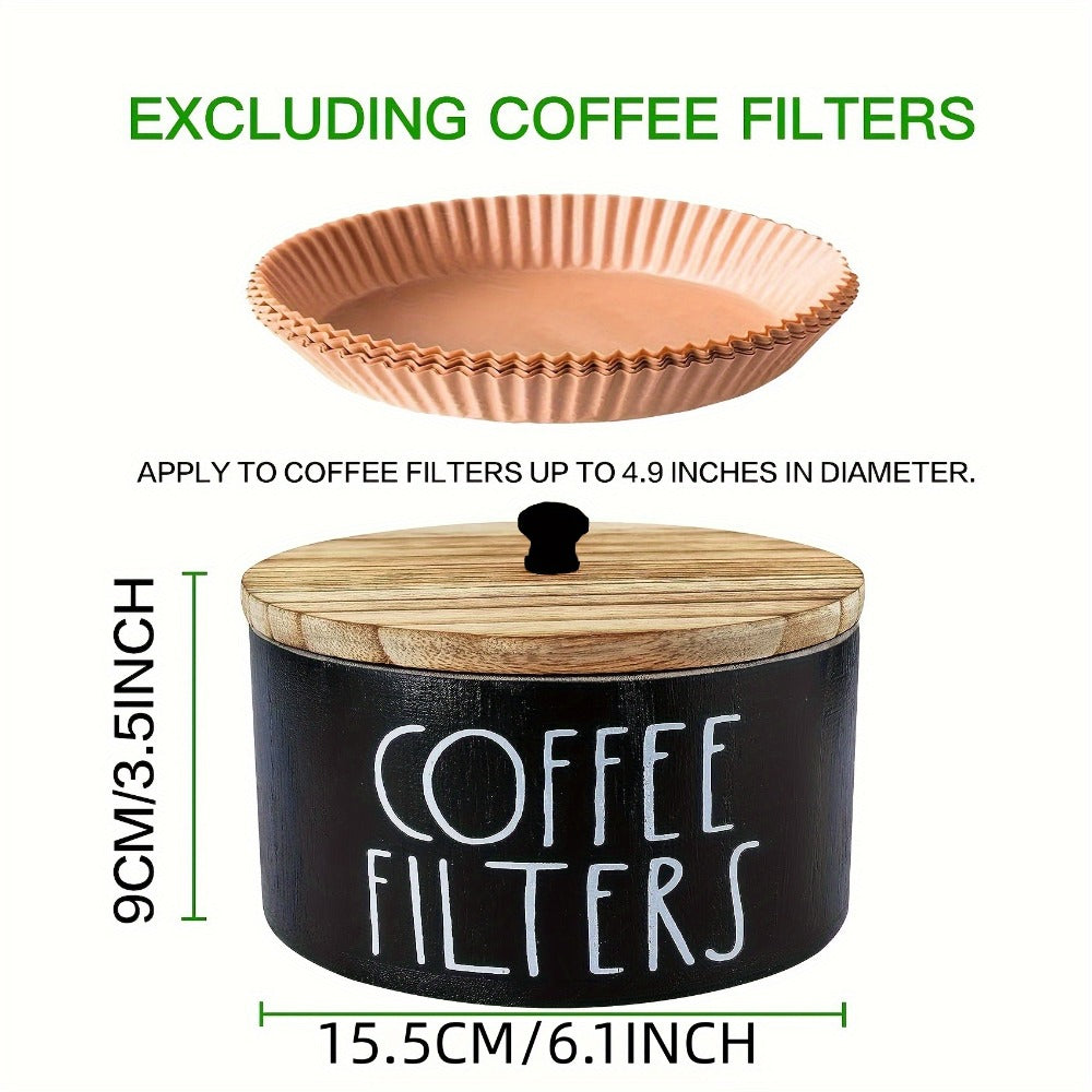 Wooden Coffee Filter Holder with Lid | Rustic Farmhouse Coffee Filter Storage Container | Solid Wood Coffee Bar Organizer for Countertop | Vintage Style Decorative Coffee Accessory Box Black & White