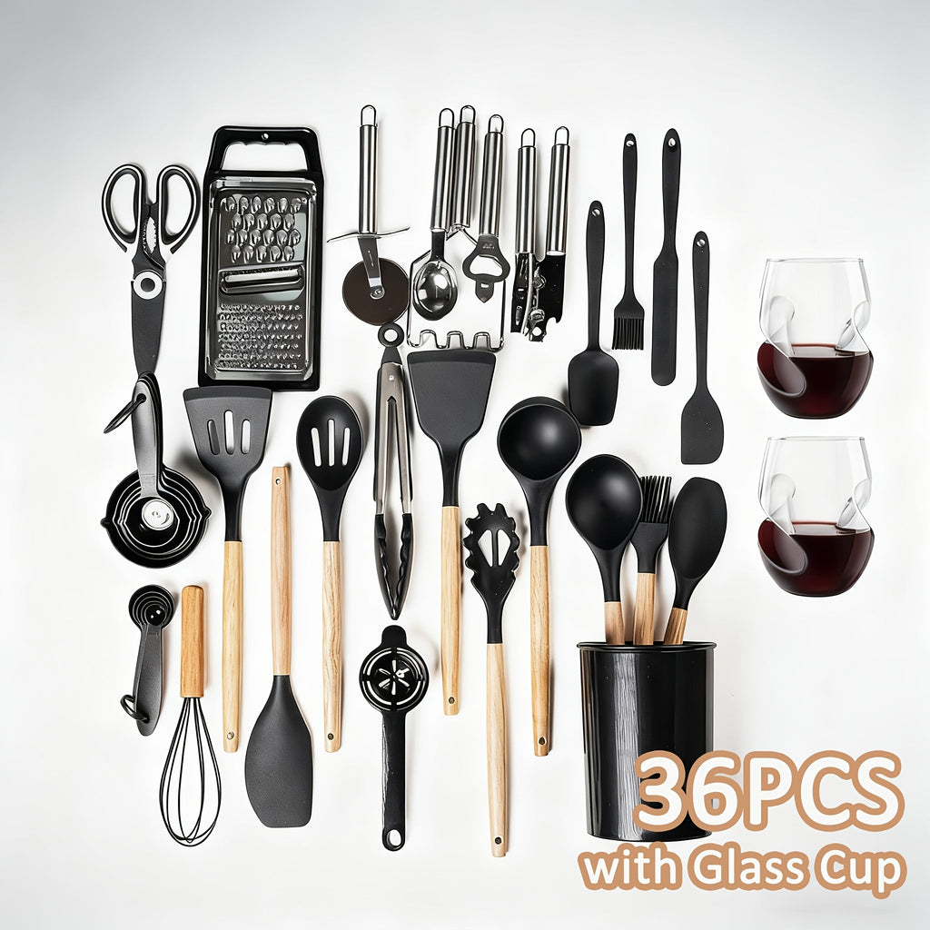 Silicone Cooking Utensils Set 35-Piece with Holder Rack Wooden Handle Heat Resistant Kitchen Tools for Non-Stick Pans ¨C Complete Kitchen Utensil Set in Multiple Colors
