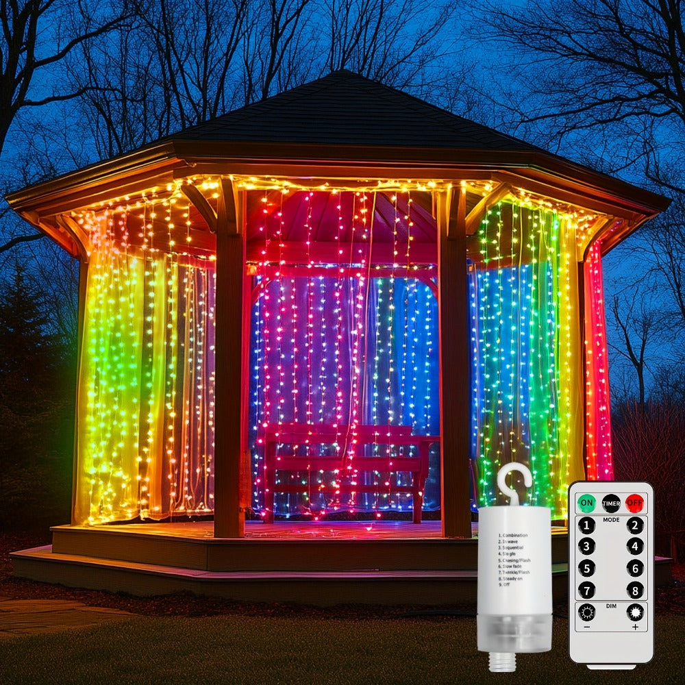 Curtain Lights for Gazebo Outdoor, 330 LED 10ft x 10ft Waterfall Fairy Lights Battery Operated with Remote, IP65 Waterproof Hanging String Lights with 8 Modes for Bedroom Porch Patio Wedding Decoration