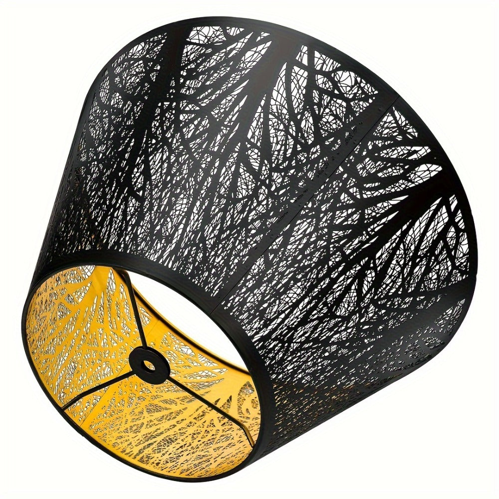 Metal Lampshade Etched Forest & Leaf Design | Black Exterior Gold Interior | Barrel Lamp Shade for Table Lamp & Floor Lamp | Medium Large Decorative Lampshade 7x13x7.8 inch