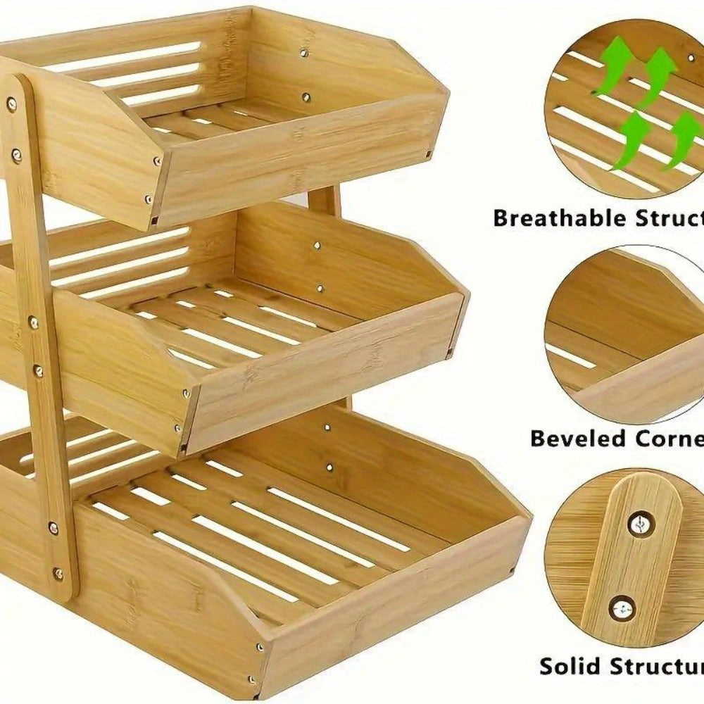Bamboo Fruit Storage Rack 2-3 Tier with Hooks, Kitchen Counter Organizer for Fruits Vegetables Bread Spices, Freestanding Shelf Basket Display Stand