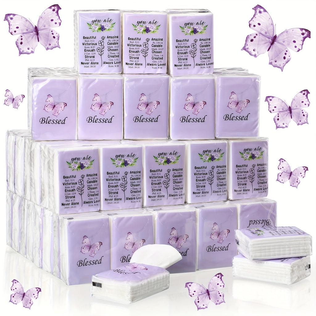 Christian Blessed Pocket Tissues 100 Pack 3-Ply Purple Butterfly Lavender Floral Design 7 Sheets Per Pack for Weddings Graduation Church Events Travel Gifts