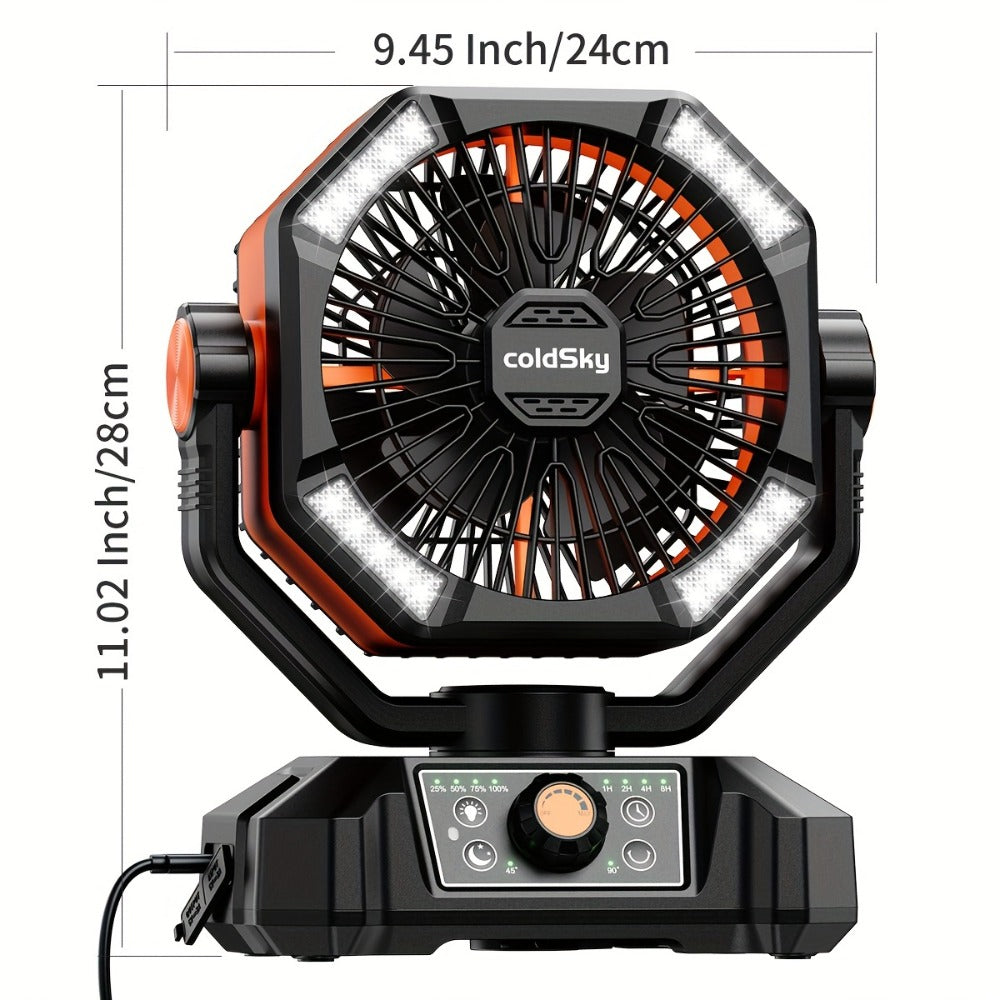 Battery Powered Camping Fan 20000mAh - 8-Speed Dual Motor Desk Fan with 4 LED Lanterns, Hook & Remote Control | Portable Outdoor Fan for Tent, Power Outage & Construction Site | Green, Black & Orange