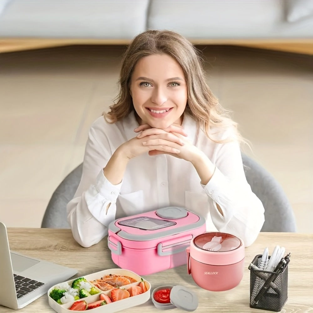 Bento Box 2-Layer with Multiple Compartments - Complete Set with Cup Bag Cutlery and Sauce Box, Microwave Safe Lunch Box for School Work and Outdoor Meals, Leak Proof Temperature Retentive Food Container Available in White Pink and Blue
