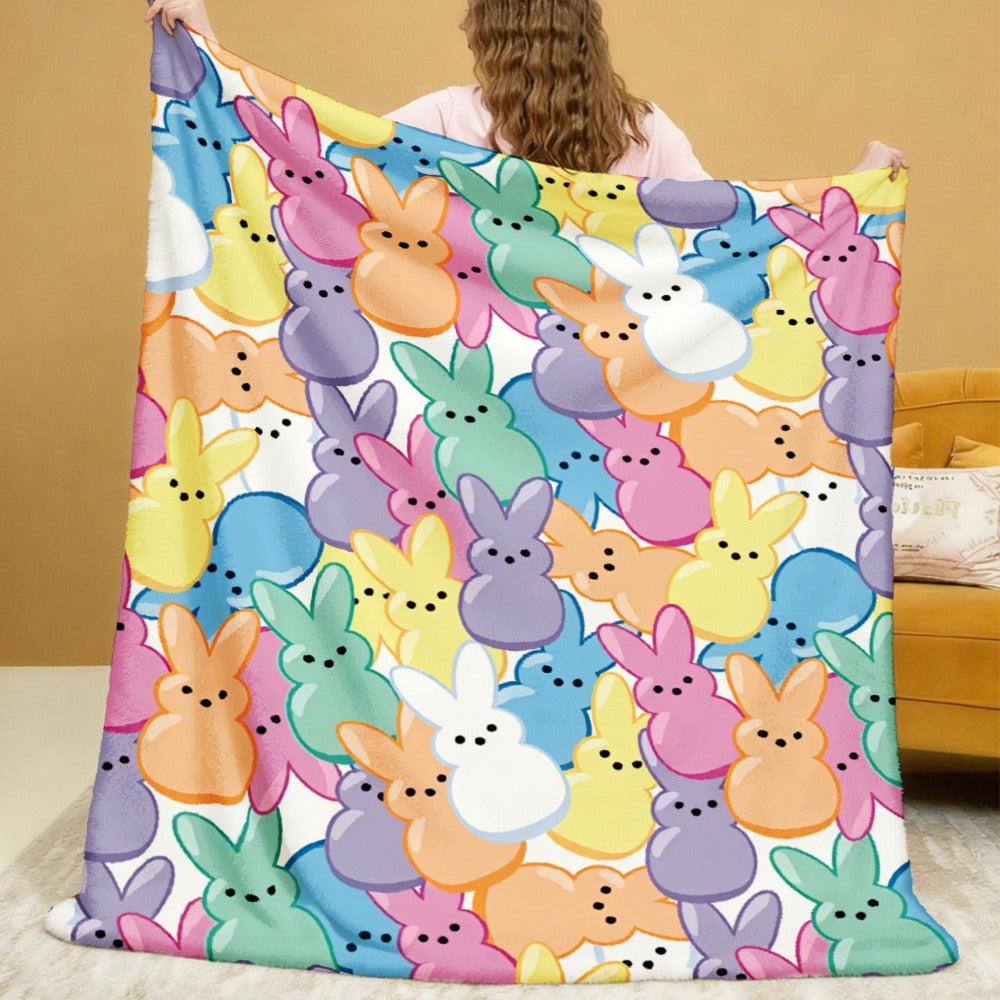 Easter Rabbit Flannel Throw Blanket - Bohemian Pastel Bunny HD Print Soft Warm Lightweight All-Season Throw for Sofa Bedroom Camping Yoga Travel, Cozy Home Decor Gift