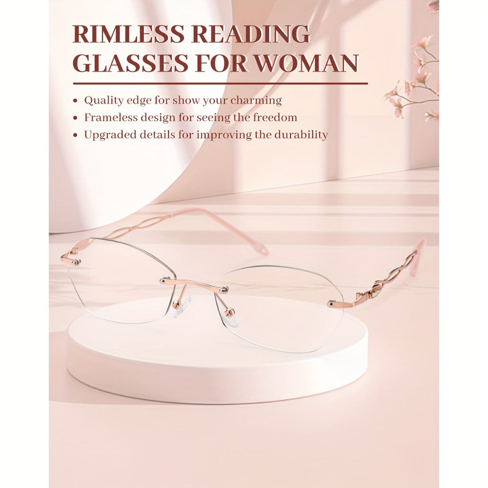 Rimless Reading Glasses for Women 3 Pack - Blue Light Blocking Lightweight Metal Frameless Readers with Anti Eyestrain Lenses, Multiple Colors and Magnifications 1.0X to 4.0X