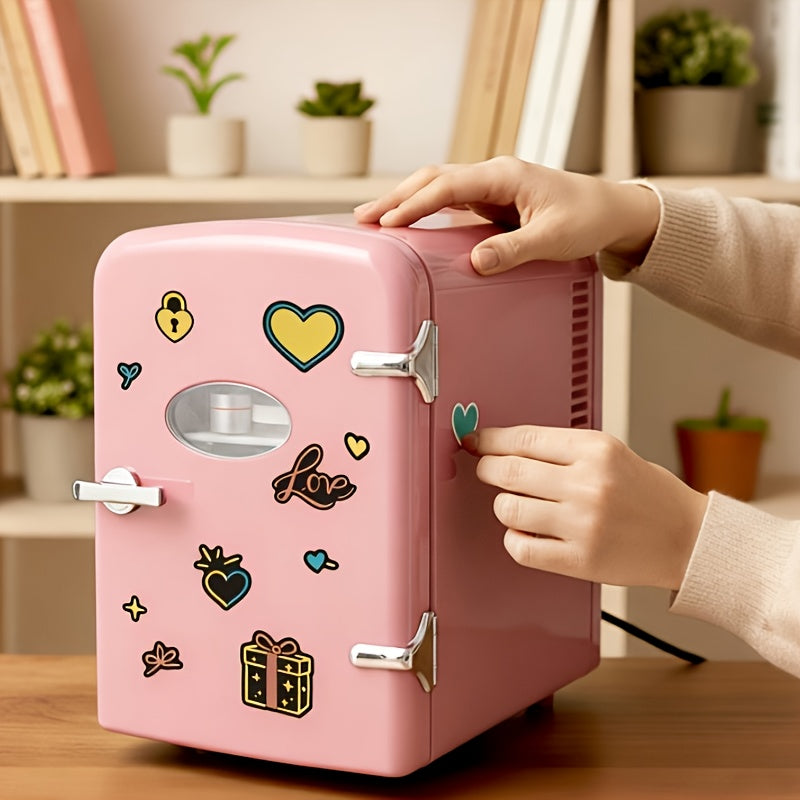 Aesthetic Mini Fridge 4 Liter with Stickers - Portable Cooler and Warmer for 6 Cans, AC/DC Compact Refrigerator for Bedroom, Office, Dorm & Car, Cute Mini Fridge Gift for Friends, Black Pink Red