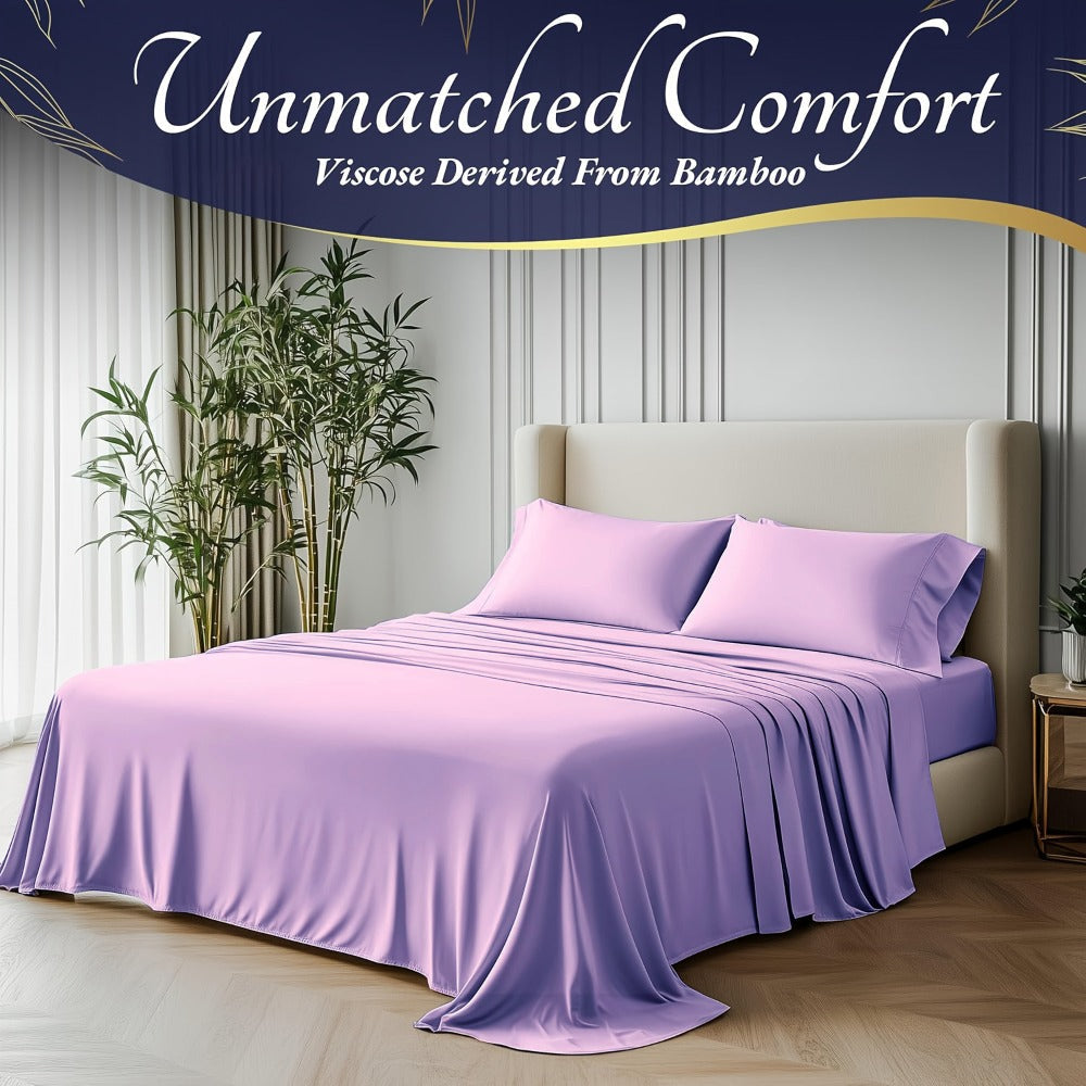 Bamboo Cooling Bedding Set 4pcs - Deep Pocket Fitted Sheet, Flat Sheet & Pillowcases for Hot Sleepers, Breathable Soft Viscose Sheets Twin Full Queen King