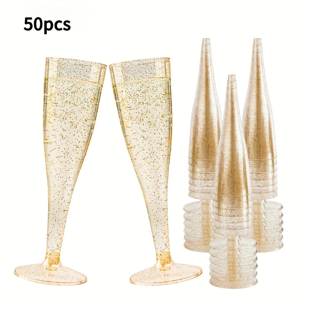 Plastic Champagne Flutes Bulk 25 50 Pack Disposable Reusable Golden Glitter Champagne Glasses Stackable Food-Grade PS Party Cups for Wedding Birthday New Year Picnic Brunch Events