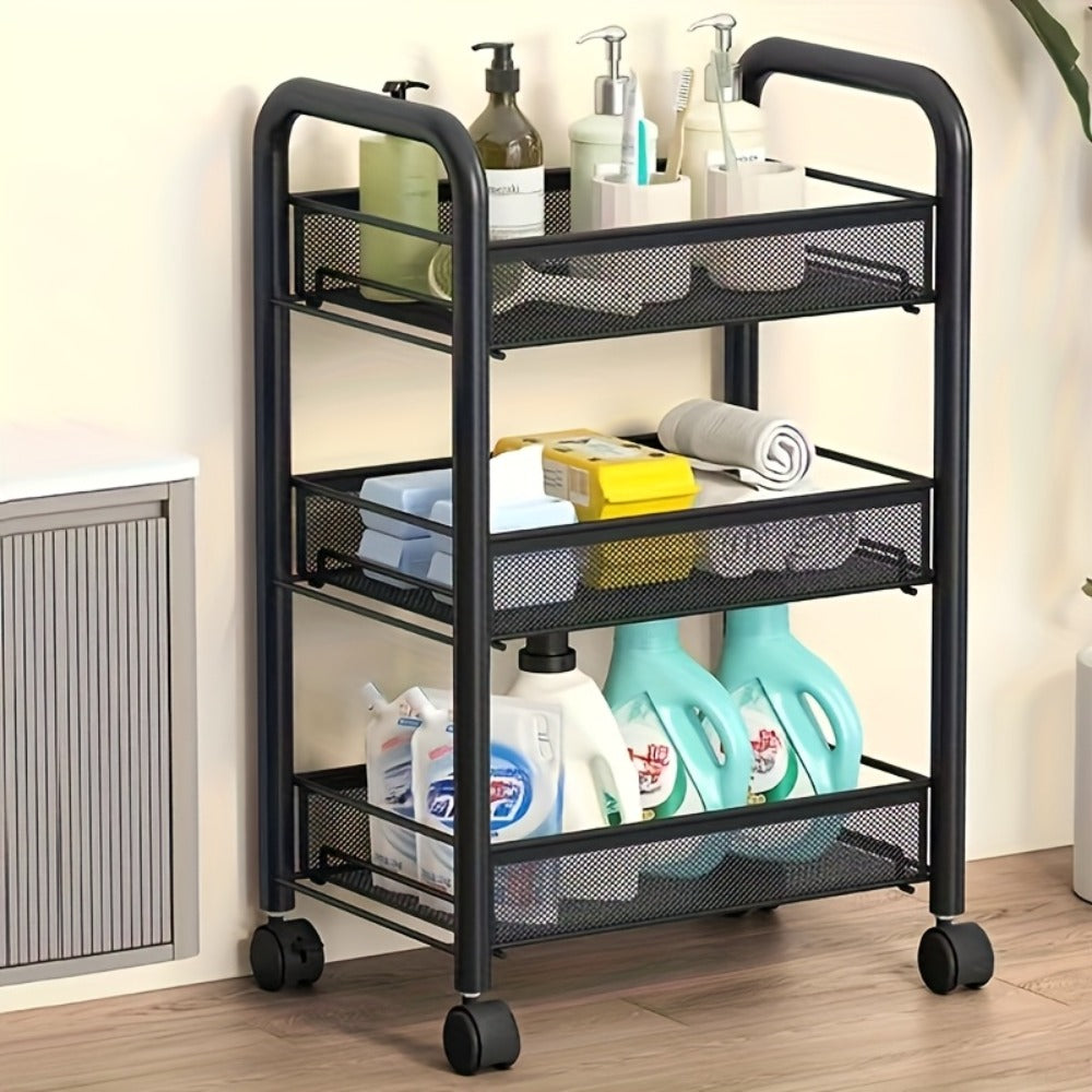 Rolling Storage Cart on Wheels ¨C 3/4/5 Tier Carbon Steel Wire Basket Trolley, Black Metal Utility Cart for Kitchen, Bathroom, Bedroom, Office & Living Room, Space-Saving Detachable Shelving Unit