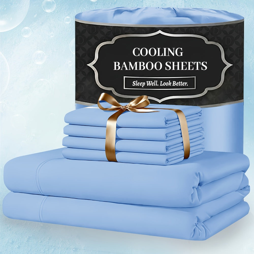 Bamboo Bed Sheet Set 4 Piece Extra Deep Pocket Cooling Breathable Soft Wrinkle Free Hotel Luxury Fitted Sheet Flat Sheet Pillowcases Twin Full Queen King