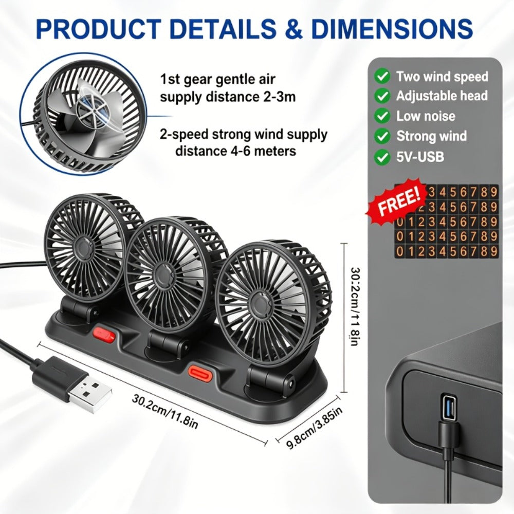 USB 3-Head Desk Fan Quiet Operation Adjustable Speed Powerful Efficient Cooling for Home Office Bedroom Computer Power Bank Compatible Black