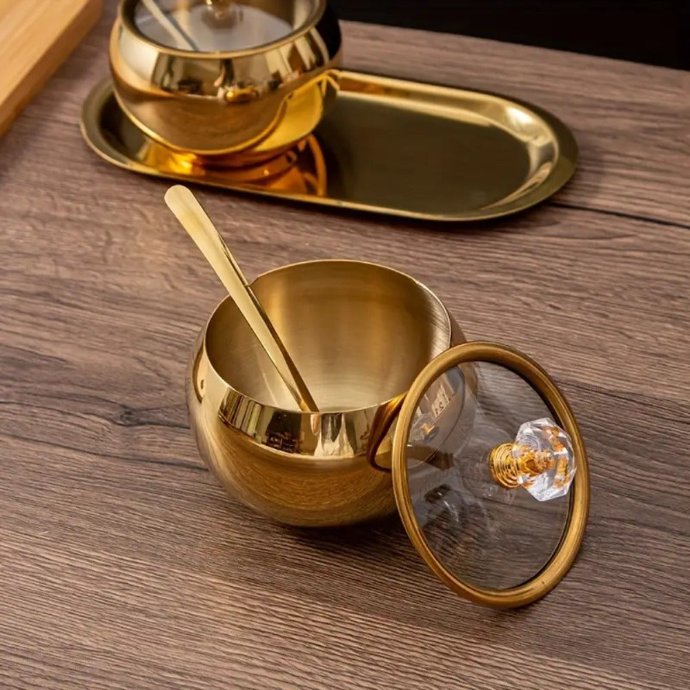 Golden Stainless Steel Seasoning Jar Set 2 or 3pcs Spice Containers with Lid and Spoon Serving Tray for Pepper Salt Spices Candy Coffee Beans Kitchen Organizer