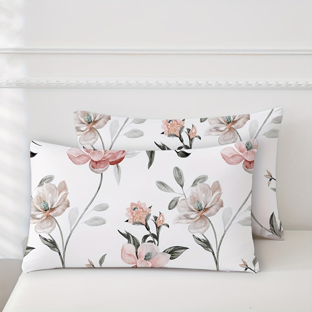Bed Sheets Set 4pcs Deep Pocket Fitted Sheet & Pillow Cases | Soft Floral Bedding Twin Full Queen King ¨C White Pink Green