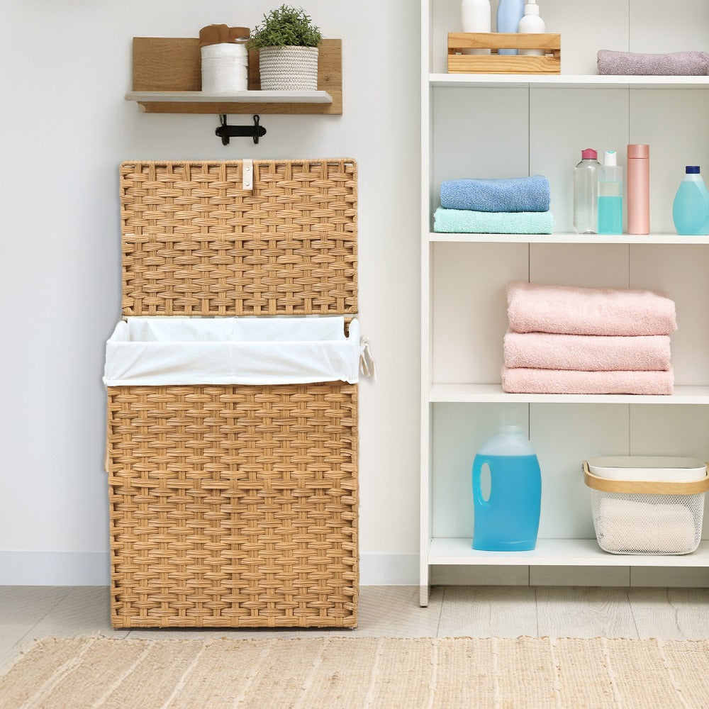 Laundry Hamper with Lid Large Capacity Woven Rattan Storage Basket, Collapsible Clothes Hamper with Handles & Removable Liner, Foldable Breathable Wicker Basket for Bedroom Home Dorm, 2 Sizes