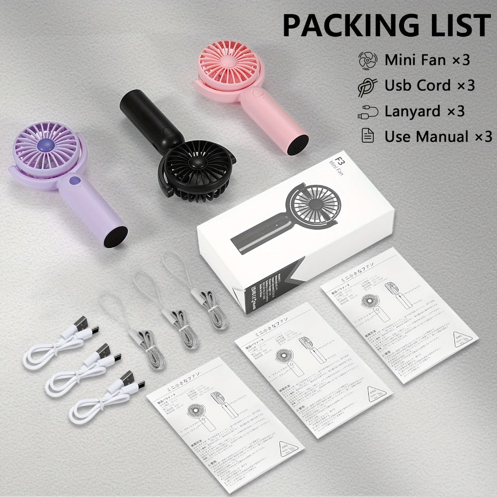 Handheld Fan Mini USB-C Rechargeable 3 Speed 180 Degree Adjustable Portable Personal Fan for Indoor Outdoor Travel Summer Cooling Gift 3 Pack 6 Pack Black Pink Purple