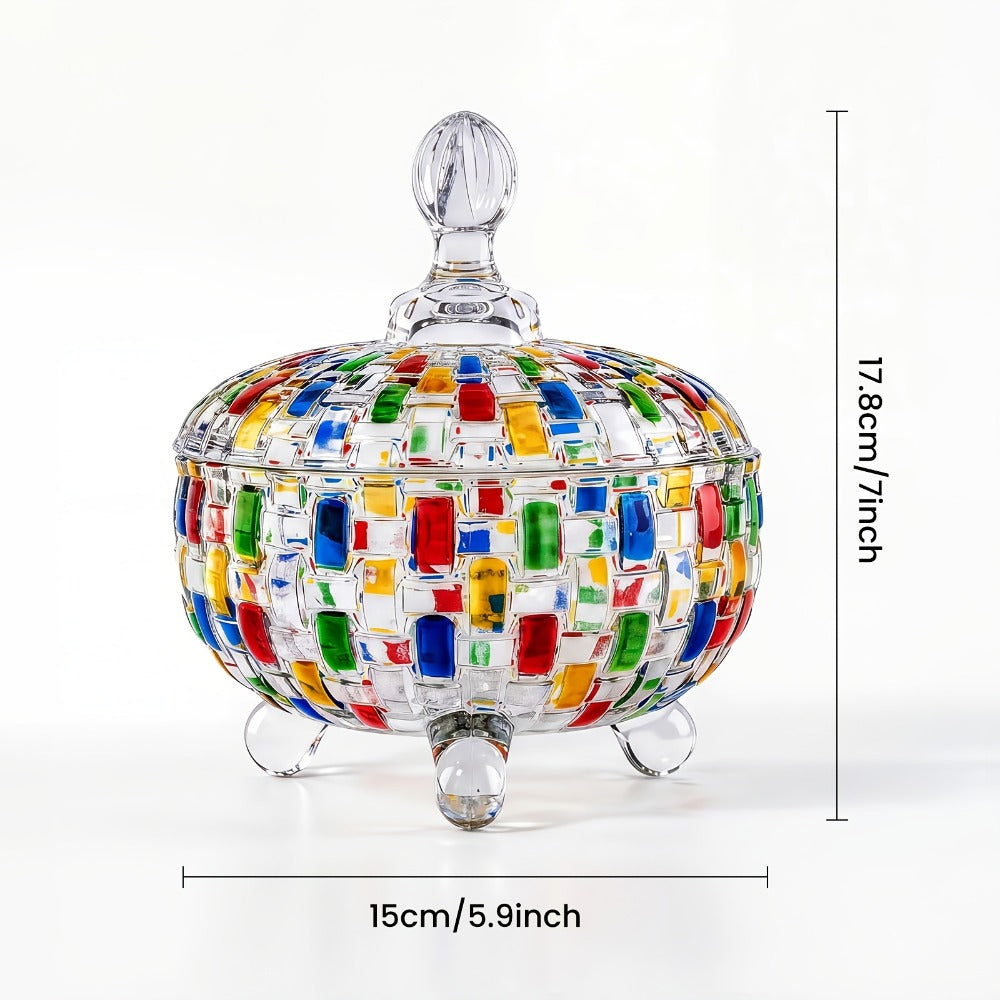 Crystal Glass Candy Dish with Lid & Tongs ¨C Hand-Painted Colorful Candy Box, Jewelry Storage Jar, Christmas Gift for Family & Friends | Elegant Candy Server